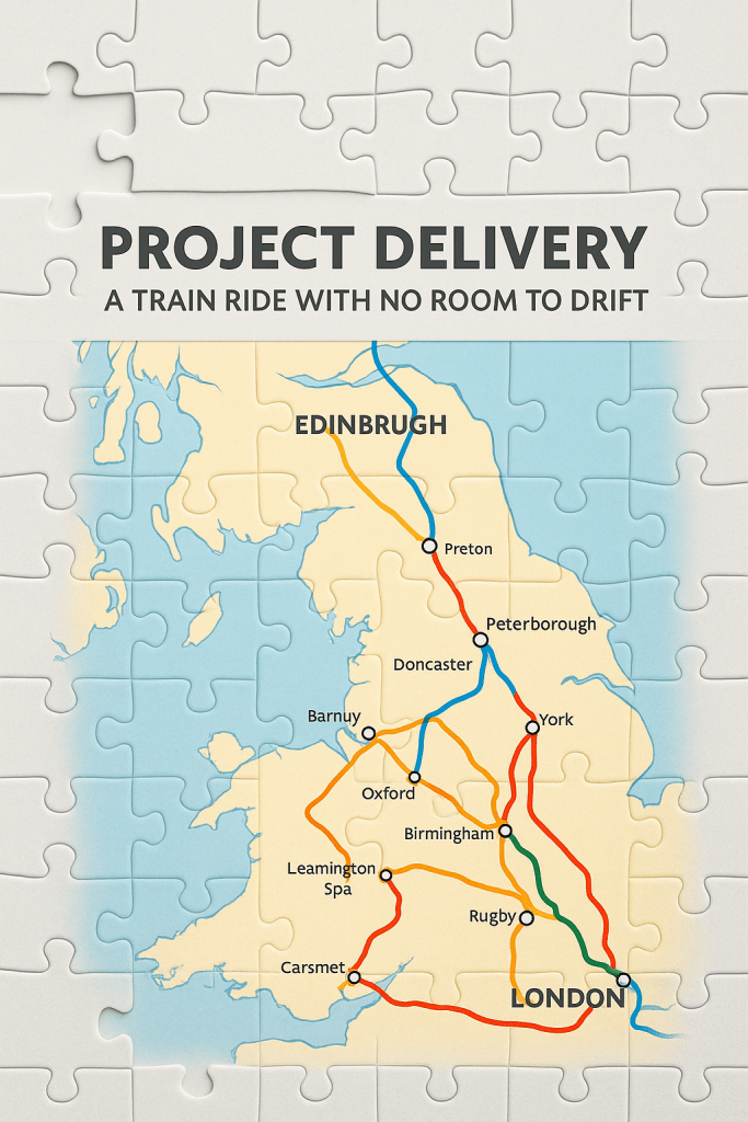 Illustration of a railway journey map showing the route and stations along the line.