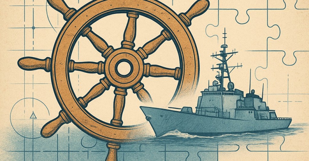 Illustration of a ship’s wheel over a blueprint with puzzle outlines.